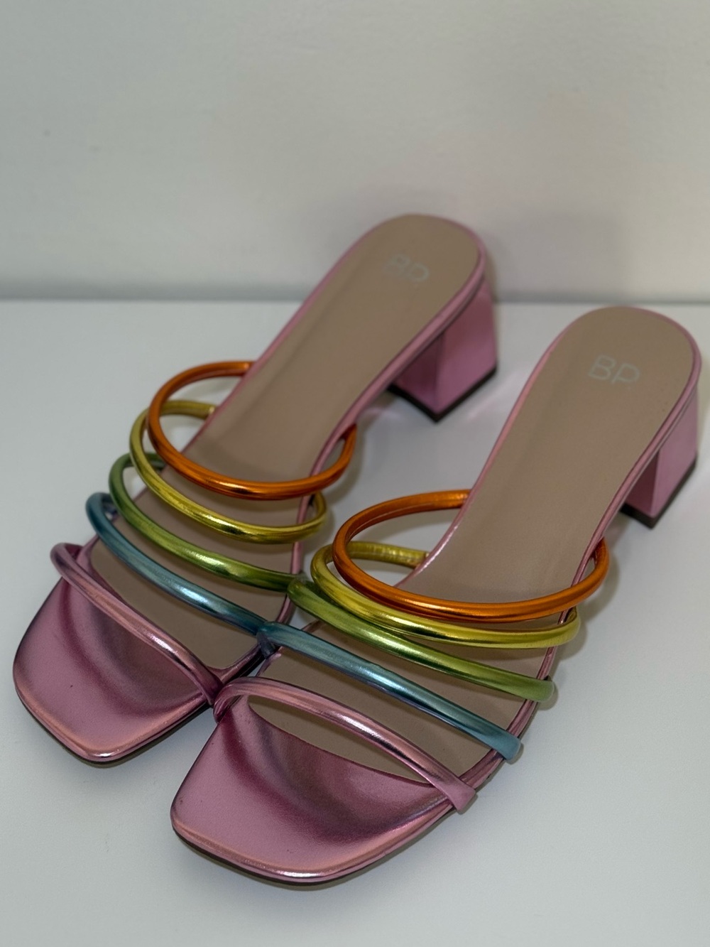 BP Pink Metallic Block Heel Slide with Rainbow Straps Size 12 Woman NWB !